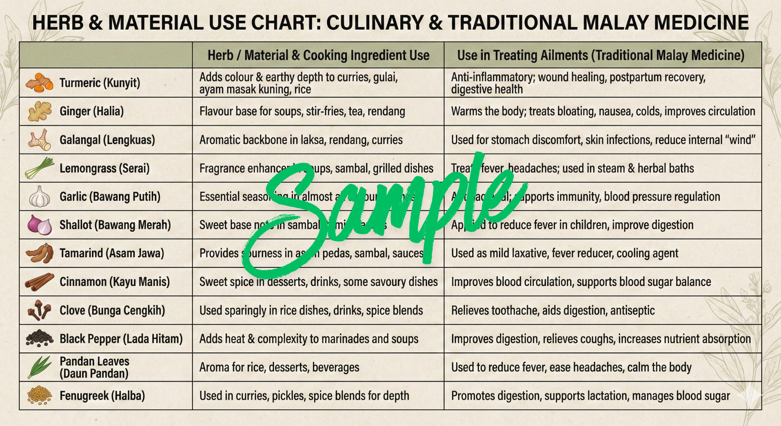 12 herbs for Malay's kitchen and home remedy